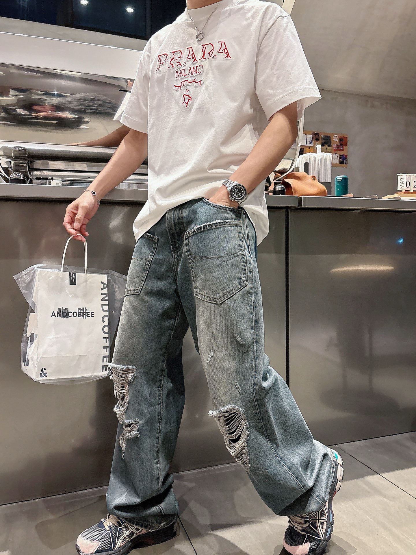 春の新作 prada の t シャツコピー 半袖 トップス プリント 純綿 ゆったり 男女兼用 ホワイト_4