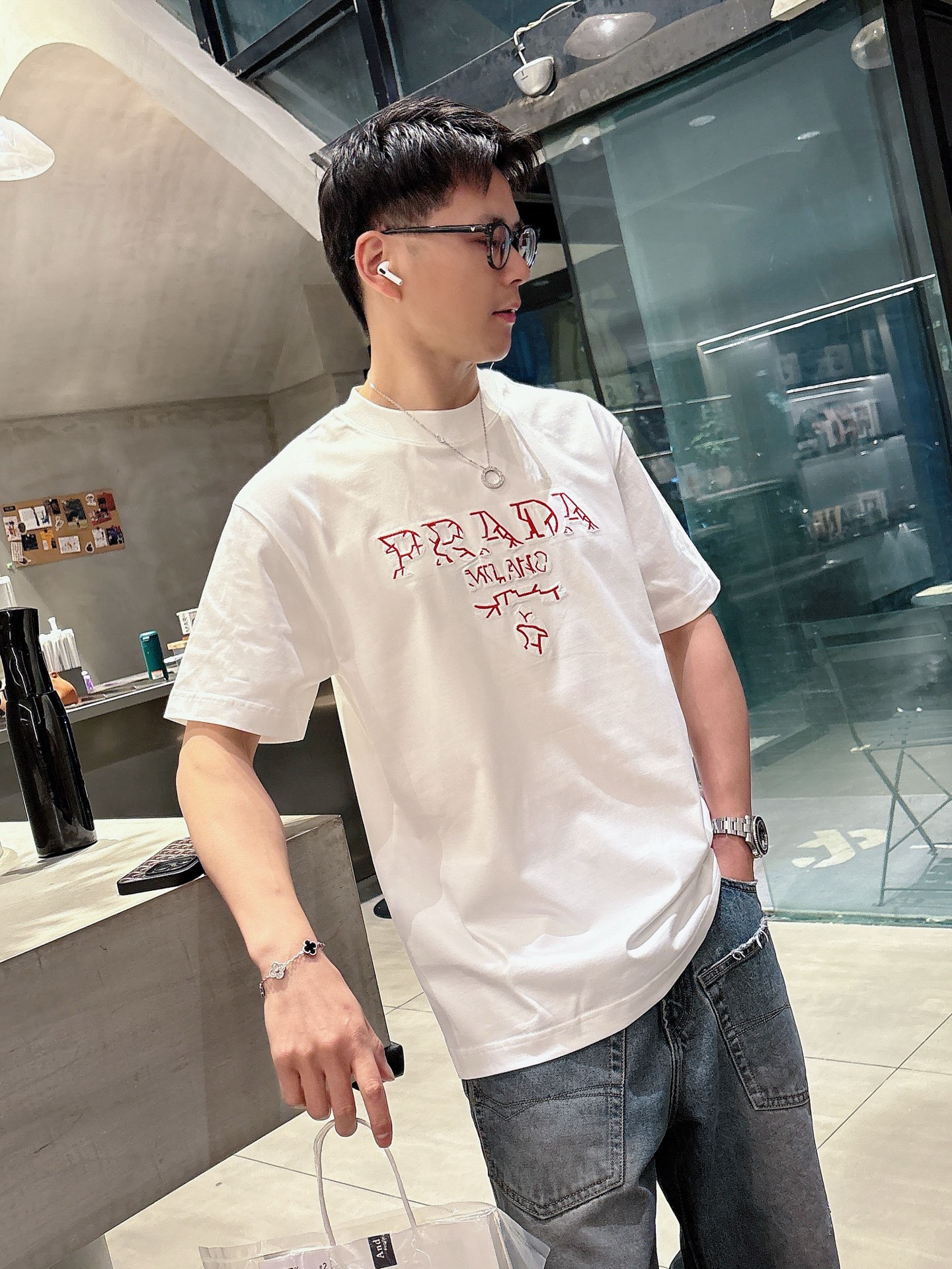 春の新作 prada の t シャツコピー 半袖 トップス プリント 純綿 ゆったり 男女兼用 ホワイト_8
