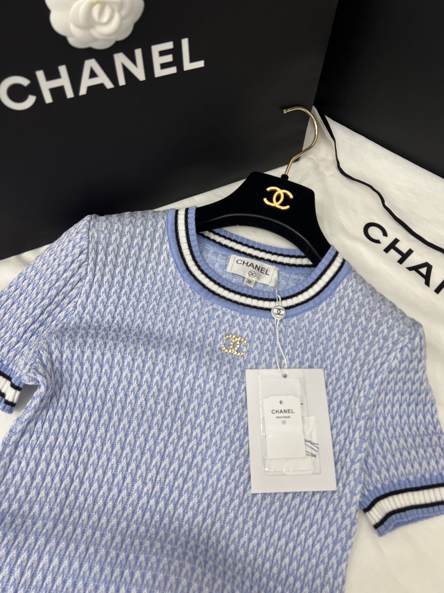 chanel t シャツスーパーコピー ニット 優雅レディ トップス 半袖 ゆったり 高級感 ブルー_2