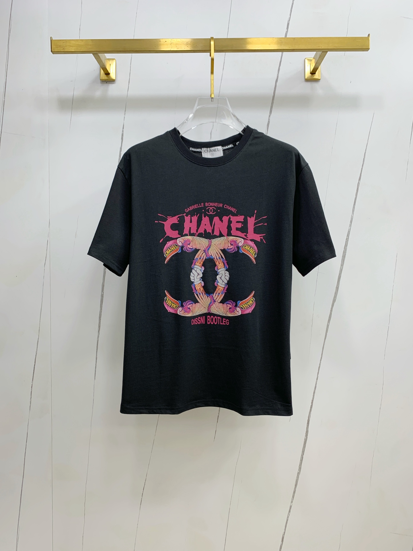chanel クロップ t シャツ偽物 ゆったり トップス 純綿 ロゴプリント 男女兼用 ブラック_1