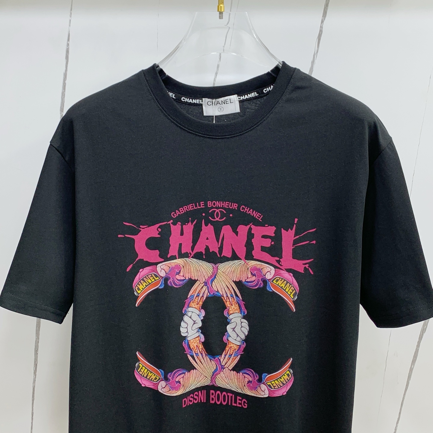 chanel クロップ t シャツ偽物 ゆったり トップス 純綿 ロゴプリント 男女兼用 ブラック_2