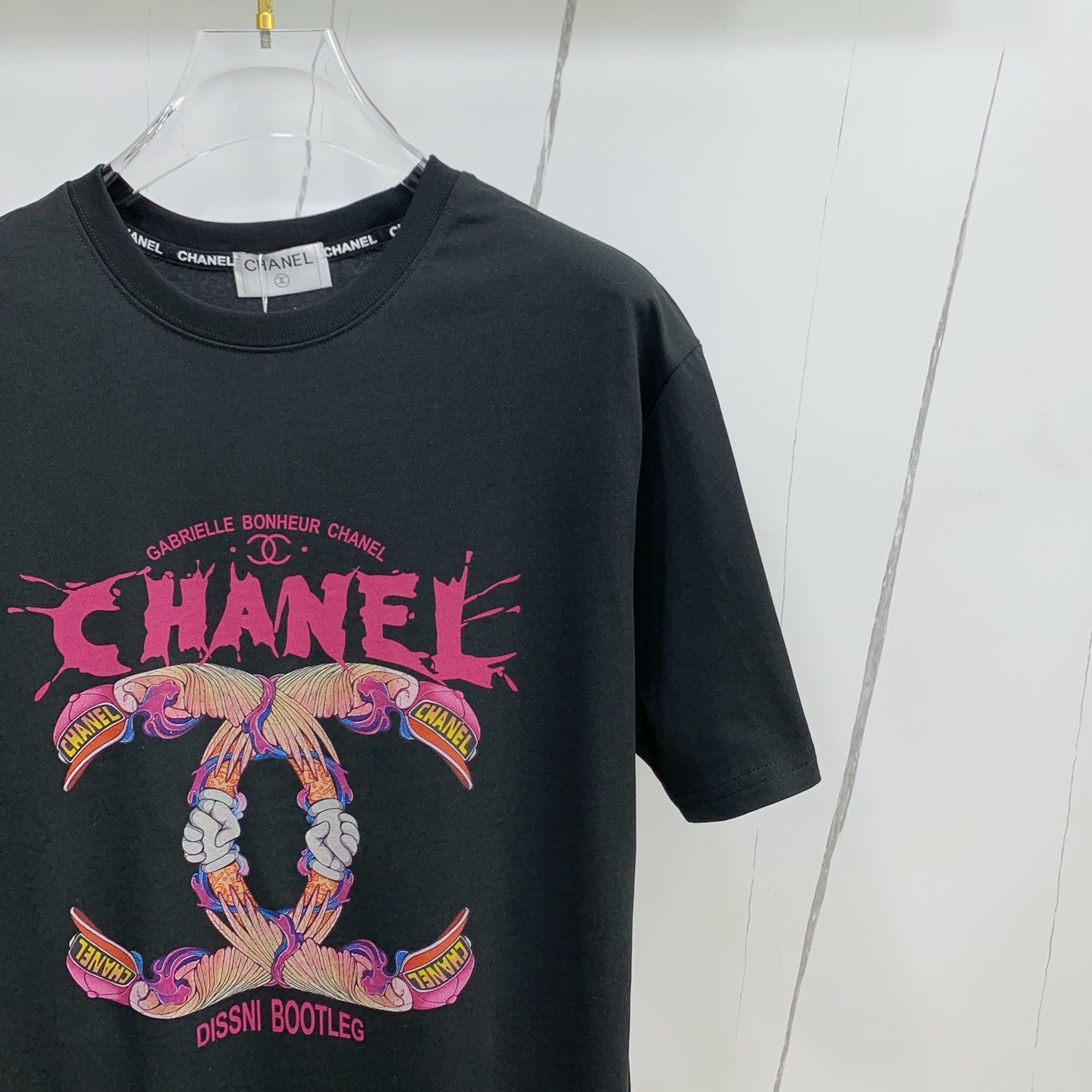 chanel クロップ t シャツ偽物 ゆったり トップス 純綿 ロゴプリント 男女兼用 ブラック_3