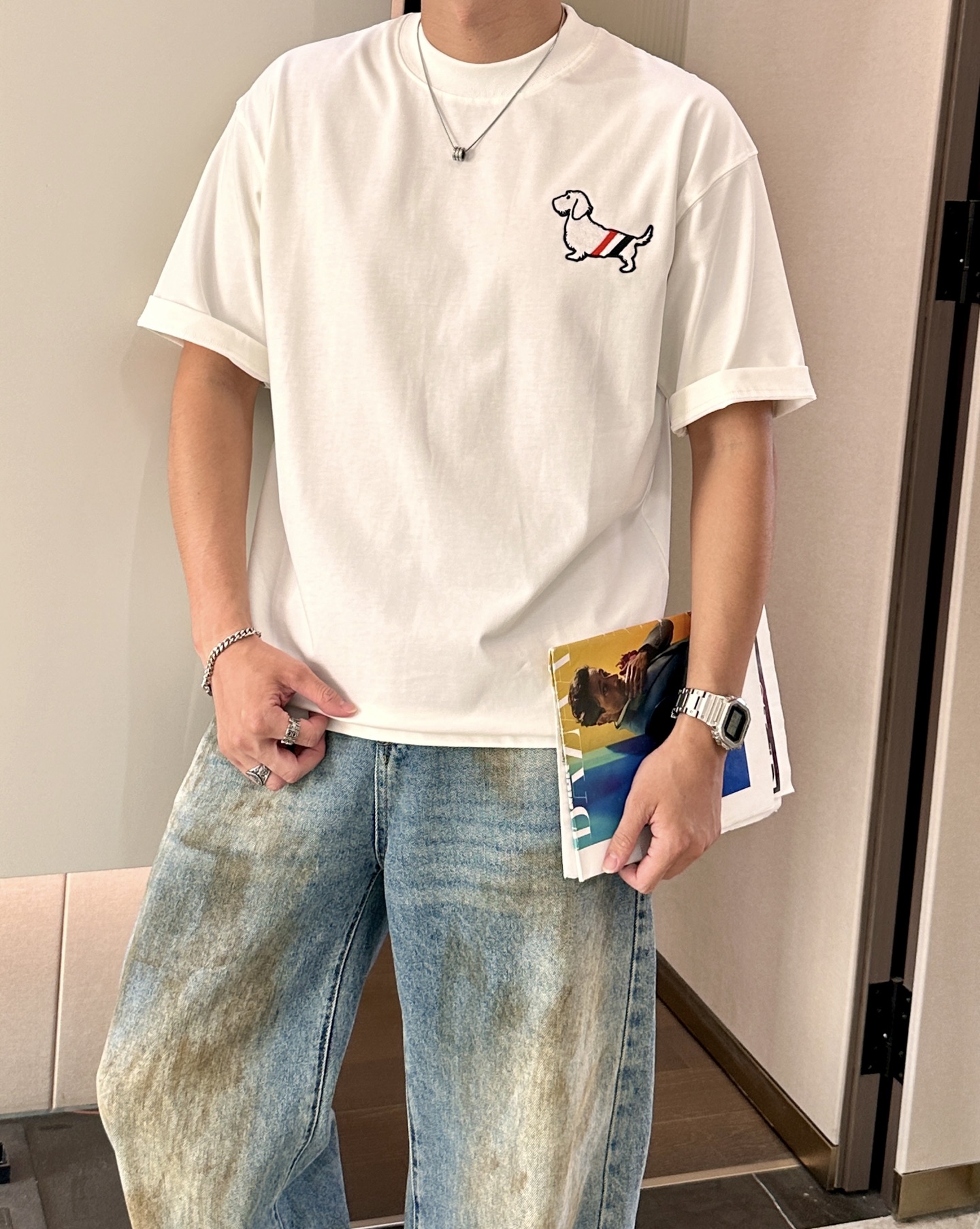 トムブラウンtシャツコピー 100％綿 トップス 半袖 犬プリント シンプル ホワイト_2