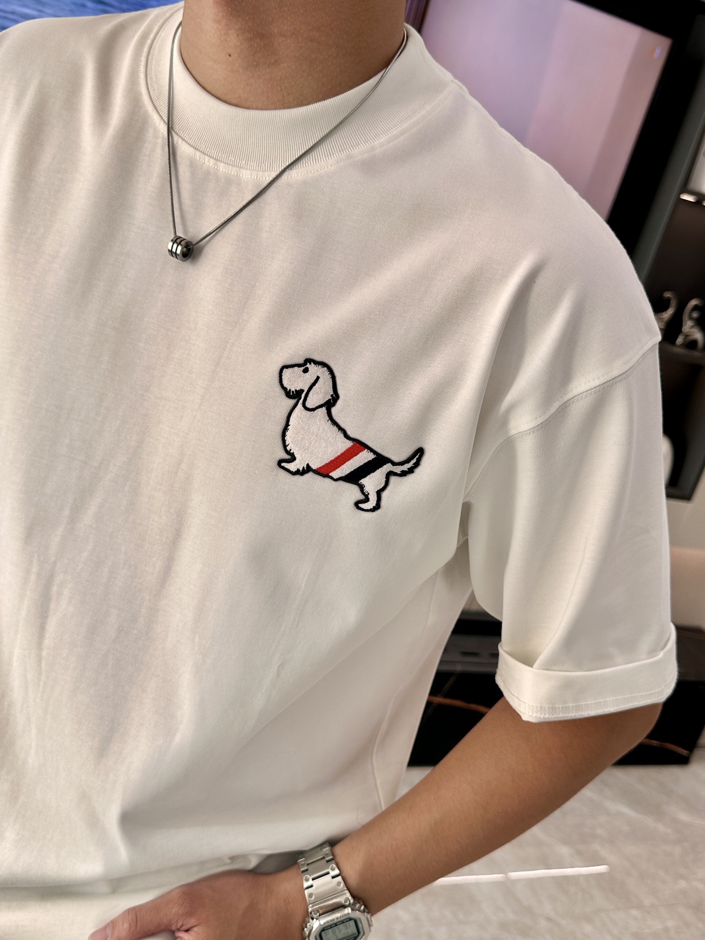 トムブラウンtシャツコピー 100％綿 トップス 半袖 犬プリント シンプル ホワイト_4