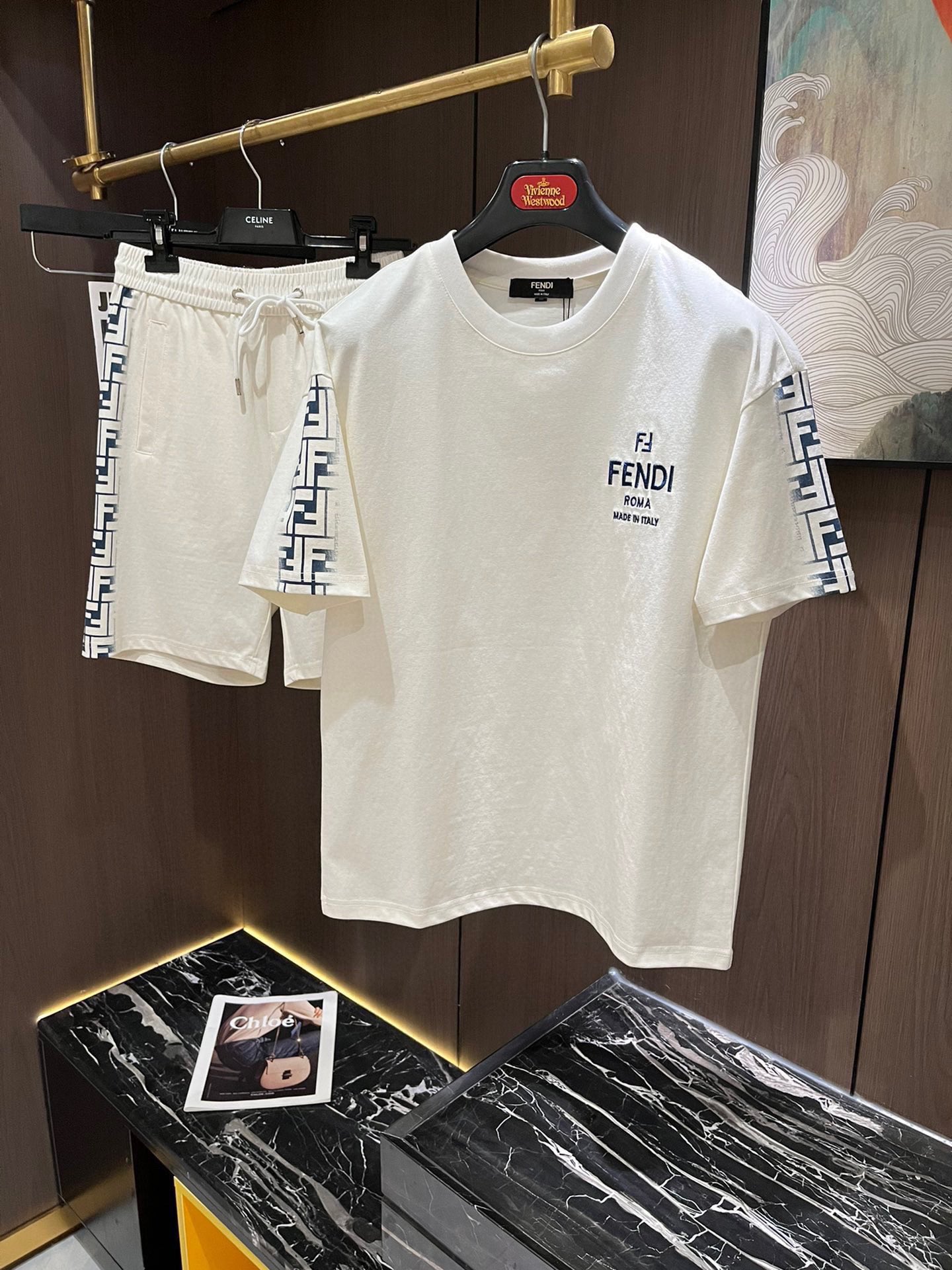 fendi シャツ メンズ偽物 純綿セット トップス プリント 短袖Ｔシャツ ゆったり 上質 ホワイト_1