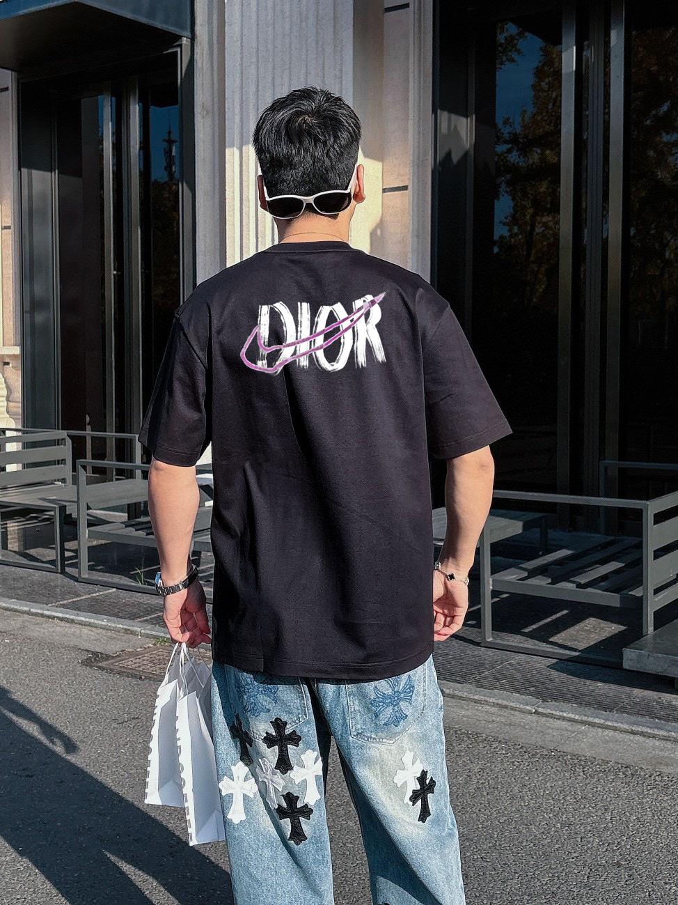 ディオールtシャツコーデコピー 通気性いい トップス 短袖 100％綿 ブラック_5