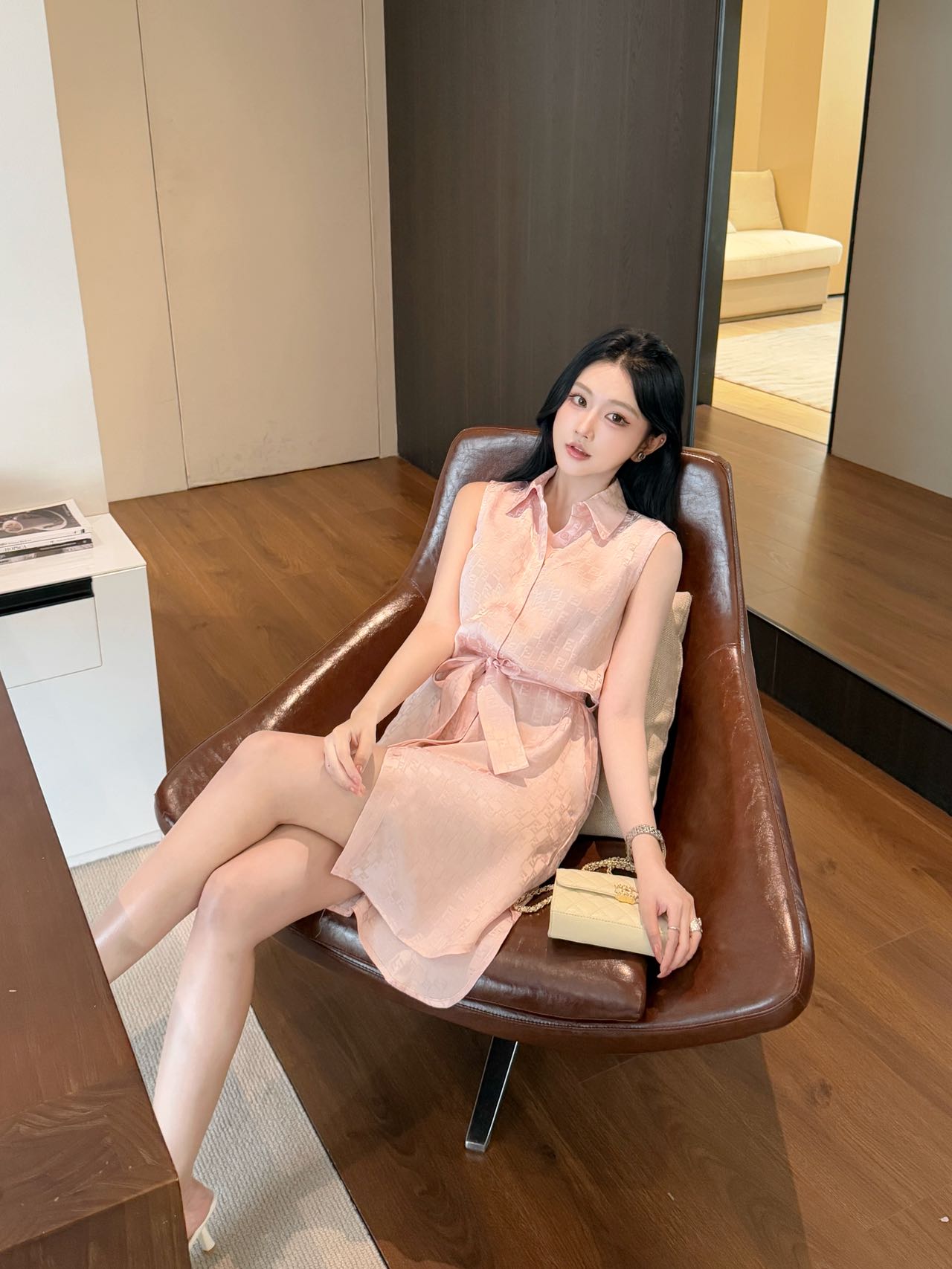 fendi ワンピーススーパーコピー 無袖スカート 柔らかい 通勤 プリント ピンク_3
