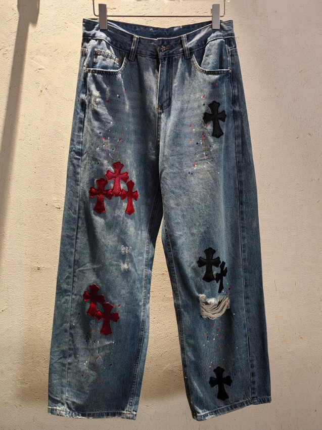 クロムハーツ ジーンズ スーパーコピー 2025新作 クロスパッチデザイン ヴィンテージ加工 高級感デニム_1