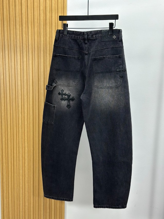クロムハーツ ジーンズ n級 2025新作 ブラック クロスレザーパッチ ヴィンテージ加工 ストリート人気_3
