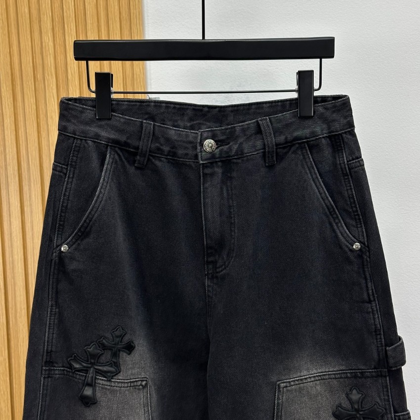 クロムハーツ ジーンズ n級 2025新作 ブラック クロスレザーパッチ ヴィンテージ加工 ストリート人気_2