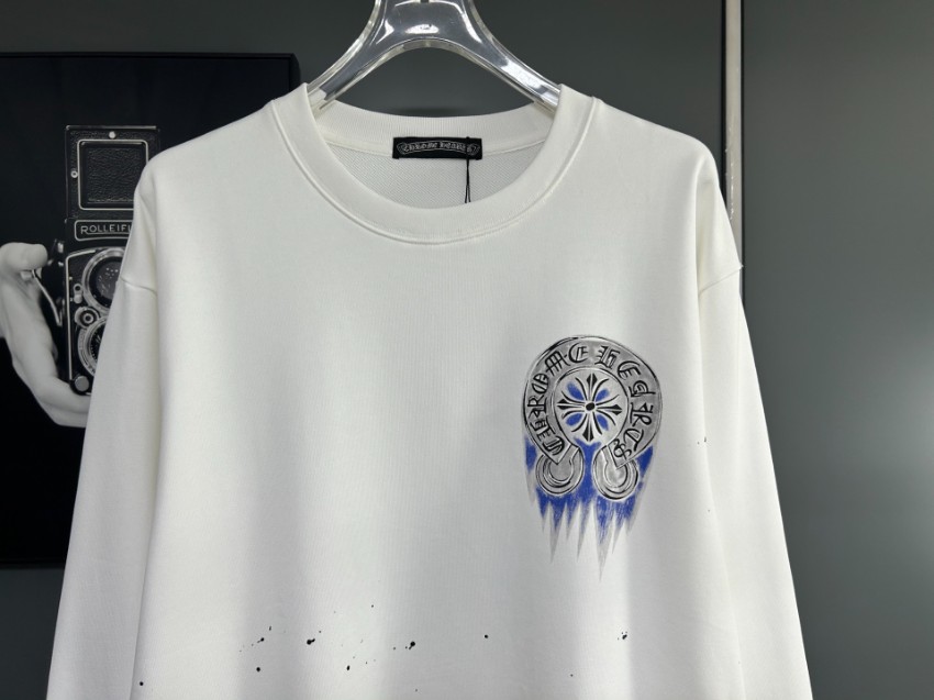 クロムハーツ スウェット n級 2025新作 ホワイト ブルークロス 刺繍 CHロゴ ペイント加工 トレーナー_1