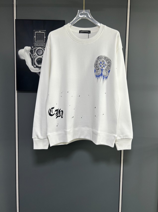 クロムハーツ スウェット n級 2025新作 ホワイト ブルークロス 刺繍 CHロゴ ペイント加工 トレーナー_3