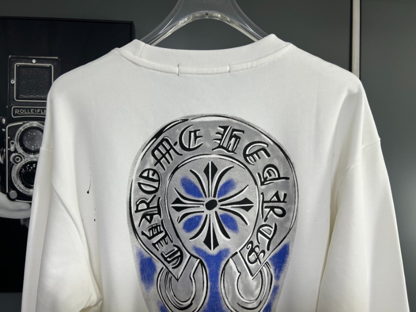 クロムハーツ スウェット n級 2025新作 ホワイト ブルークロス 刺繍 CHロゴ ペイント加工 トレーナー_4