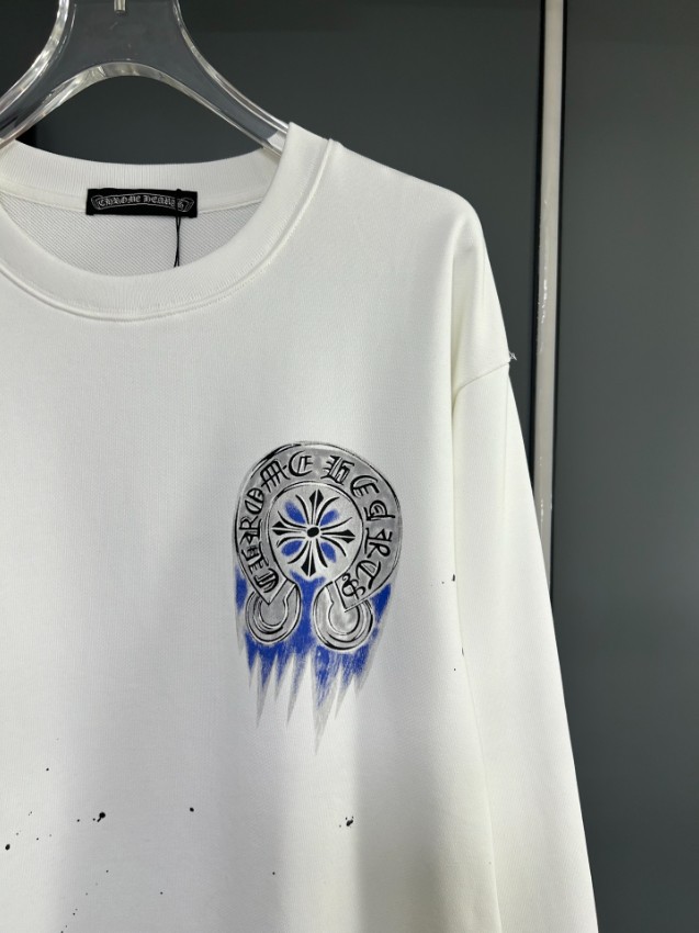 クロムハーツ スウェット n級 2025新作 ホワイト ブルークロス 刺繍 CHロゴ ペイント加工 トレーナー_6