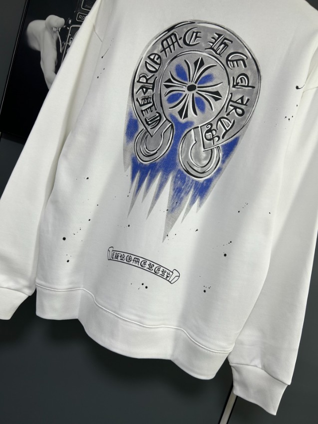 クロムハーツ スウェット n級 2025新作 ホワイト ブルークロス 刺繍 CHロゴ ペイント加工 トレーナー_7