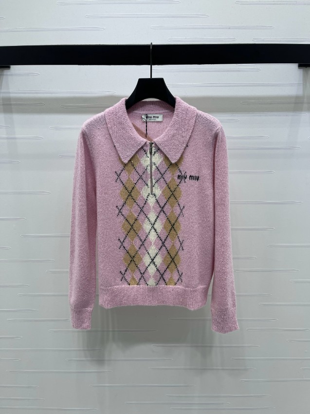 ミュウミュウ アーガイル柄 襟付き ニット セーター ピンク コピー 2025新作 細部まで忠実 高再現度デザイン 即納対応_1
