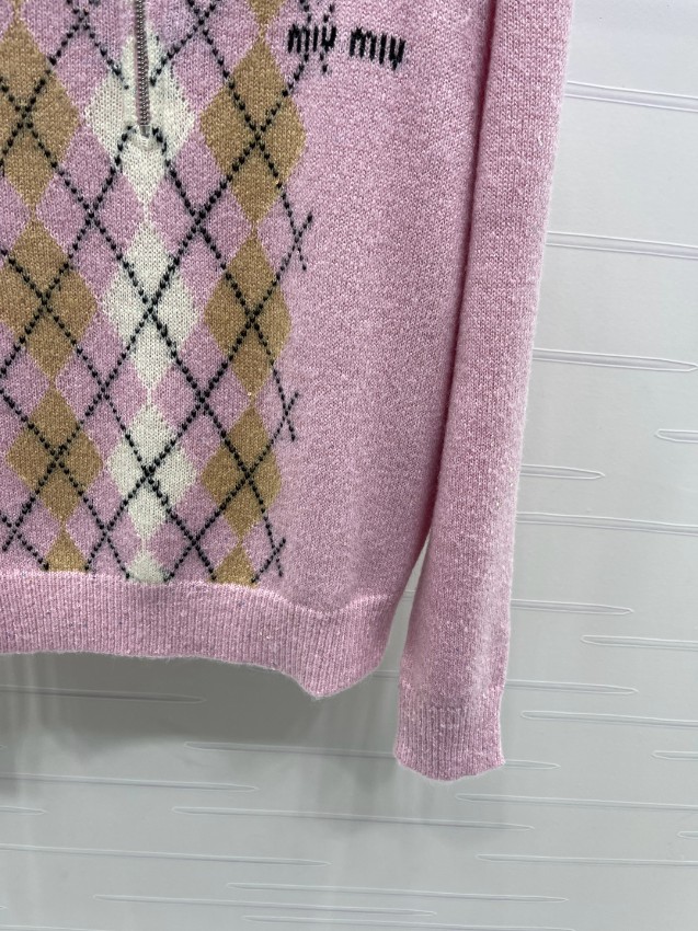 ミュウミュウ アーガイル柄 襟付き ニット セーター ピンク コピー 2025新作 細部まで忠実 高再現度デザイン 即納対応_6
