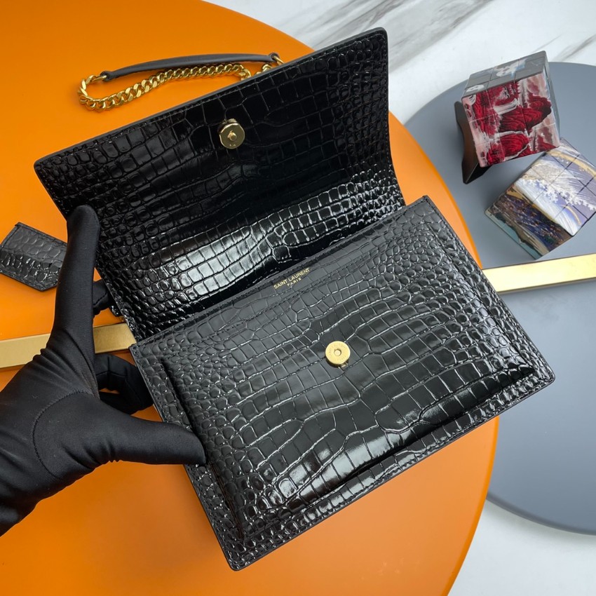 サンローラン チェーンバッグ 激安 2025新作 高品質 上質感 丁寧な縫製 高再現度 追跡可能 ブラック ゴールド金具 クロコ型押し_4