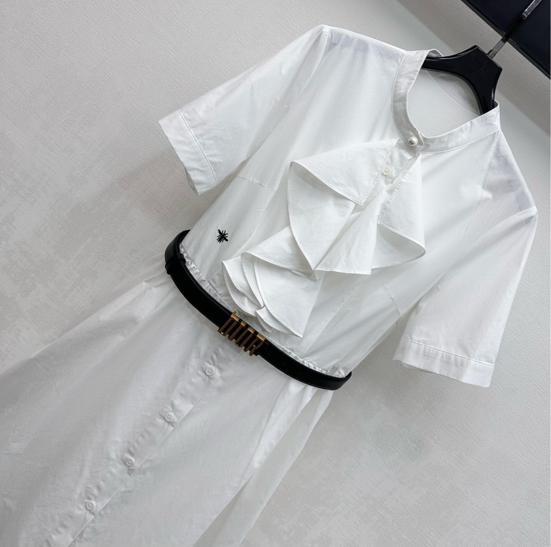 ディオール ブランド コピー シャツワンピース 半袖フリルデザイン ウエストベルト付き 精密ディテール_3