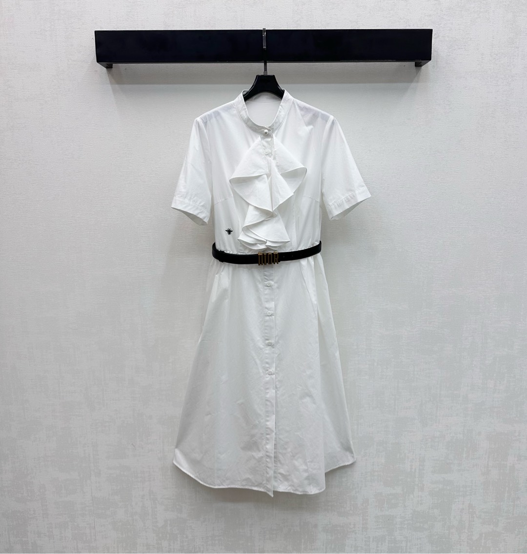ディオール ブランド コピー シャツワンピース 半袖フリルデザイン ウエストベルト付き 精密ディテール_1