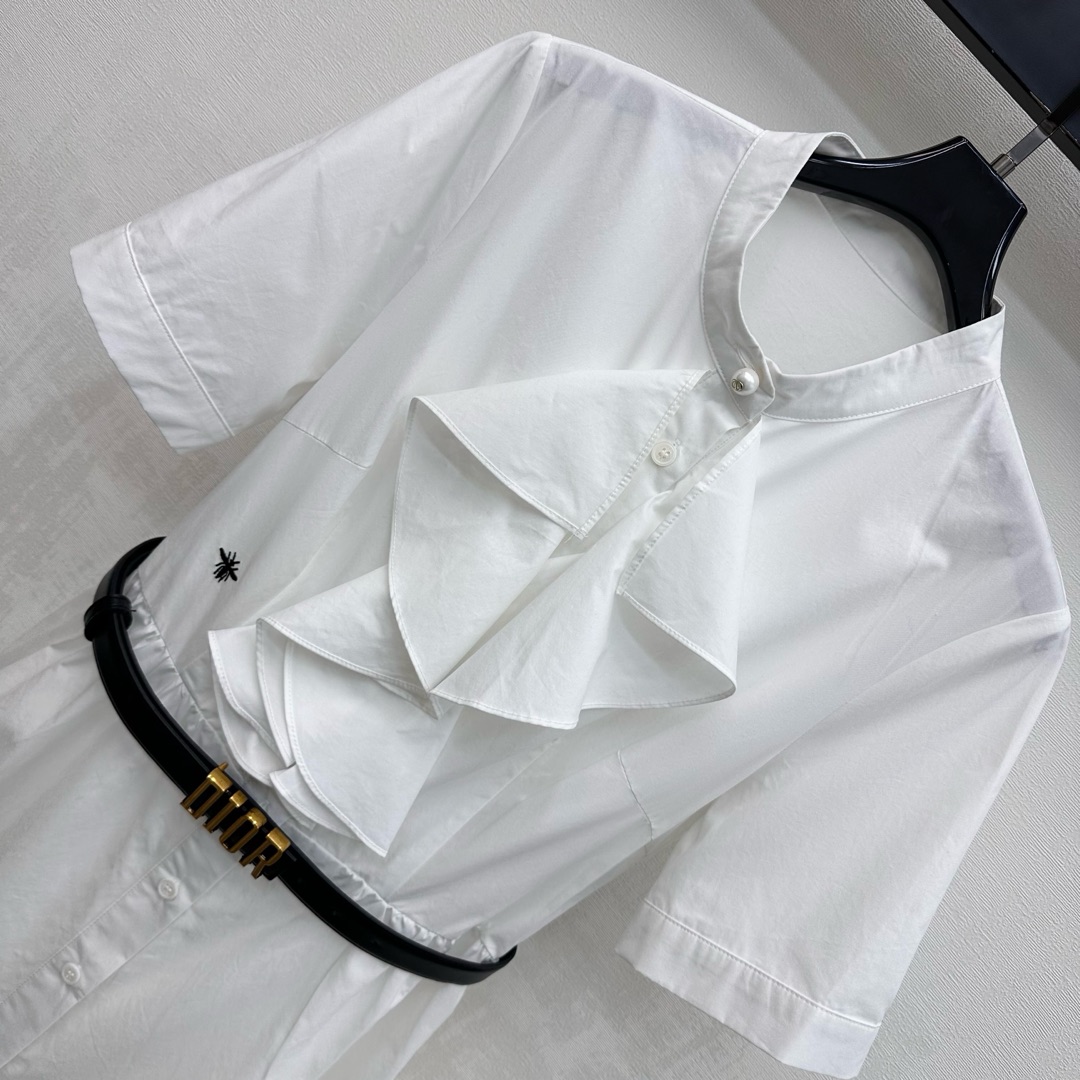 ディオール ブランド コピー シャツワンピース 半袖フリルデザイン ウエストベルト付き 精密ディテール_4