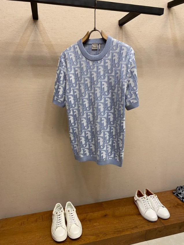 ディオール ブランド コピー ロゴ総柄ニットトップス 半袖デザイン 通気_1