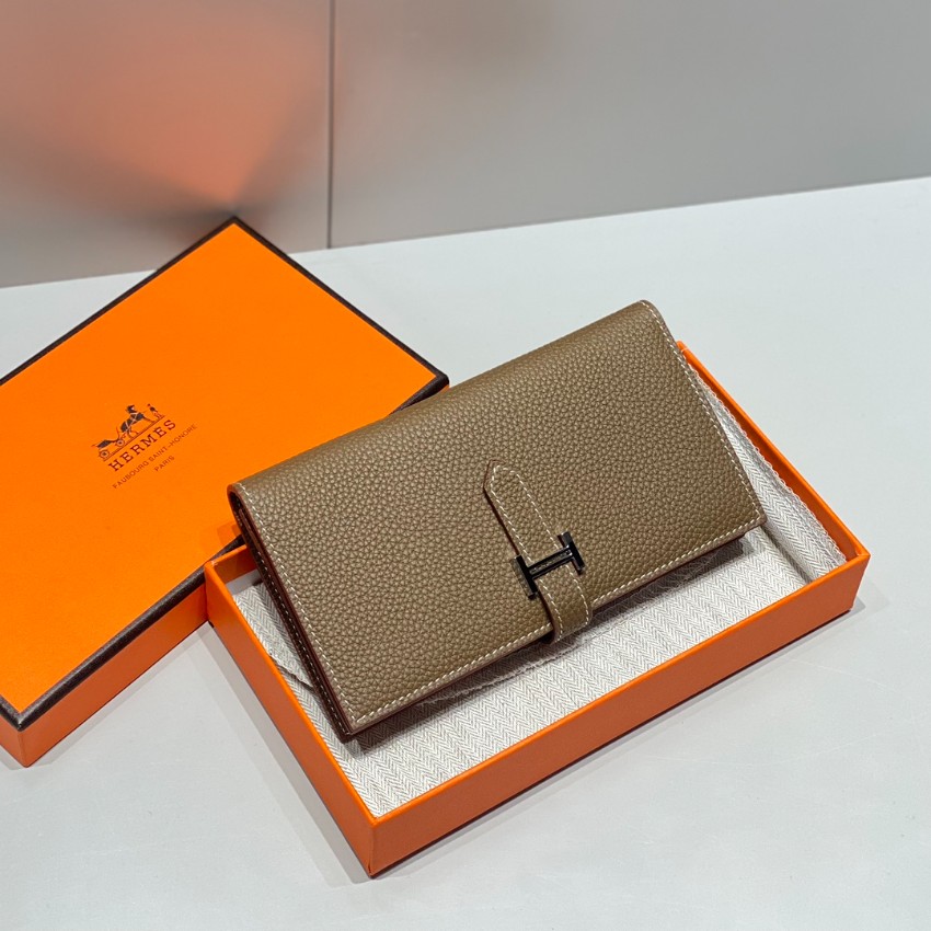 エルメス ブランド コピー ベアン長財布 ブラックH金具 エトゥープカラー 精密ディテール_1