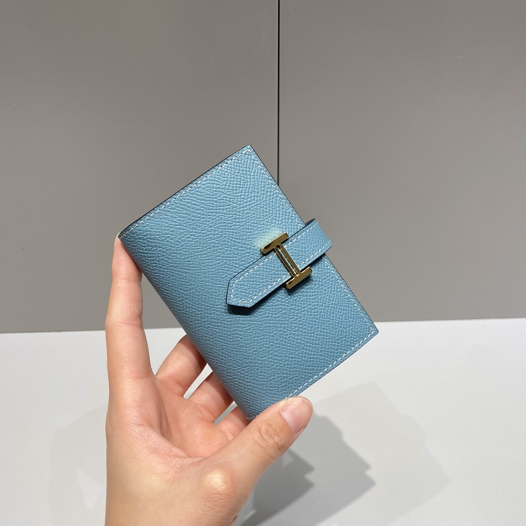 エルメス ハイブランド ベアンコンパクトウォレット ブルーレザー ゴールドH金具 高品質_4