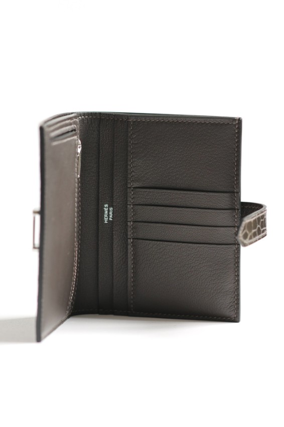 エルメス n級 ベアンコンパクトウォレット クロコ型押しブラウン シルバー金具 即納対応_4