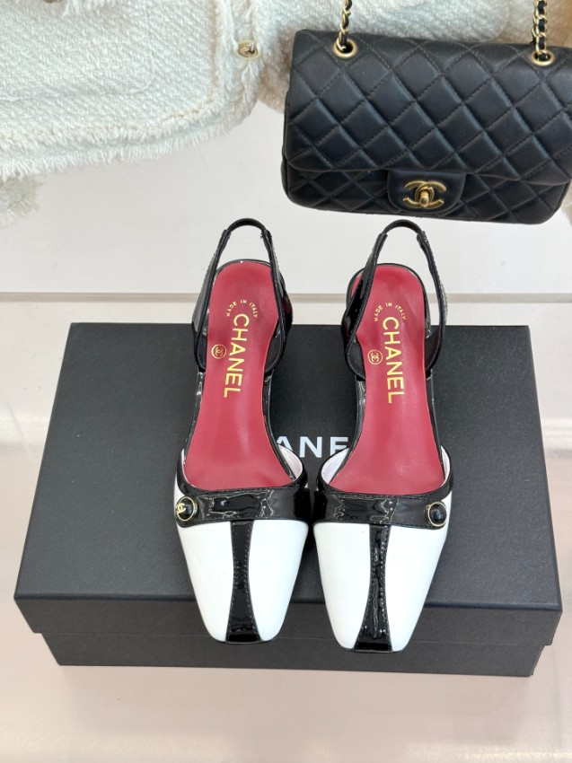 シャネル 格安 スリングバックパンプス バイカラーエナメル ポインテッドトゥ設計 高品質_5