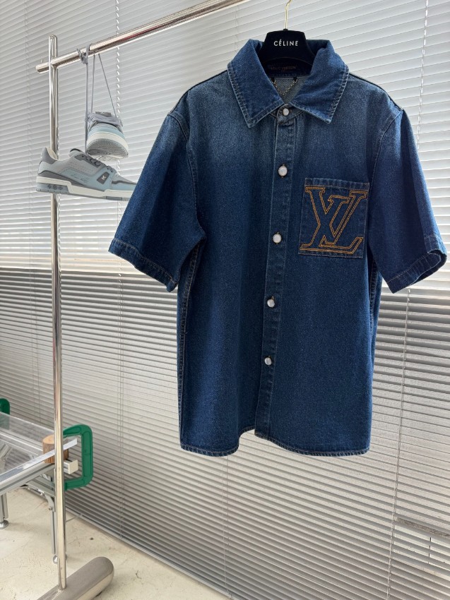 ルイヴィトン ブランド コピー デニム半袖シャツ ロゴ刺繍ポケット 上質感_6