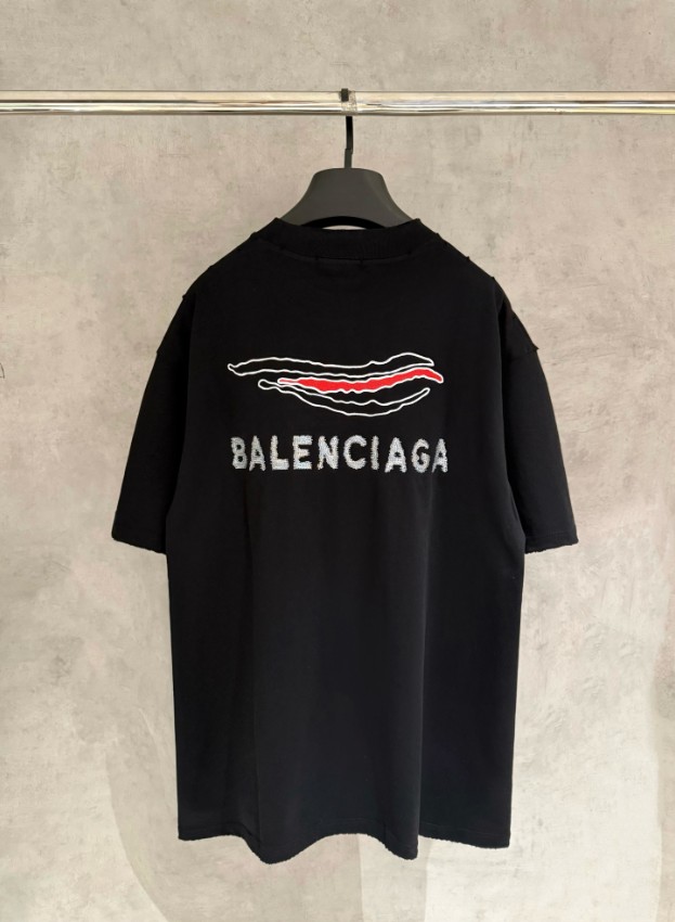 バレンシアガ ハイブランド ロゴ刺繍半袖Tシャツ 波形ラインデザイン 上質感_5