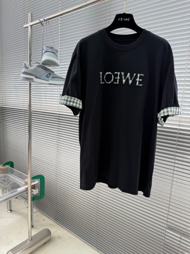 ロエベ ハイブランド ロゴ刺繍Tシャツ 半袖チェック袖デザイン 高品質_6