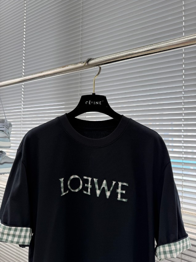 ロエベ ハイブランド ロゴ刺繍Tシャツ 半袖チェック袖デザイン 高品質_4