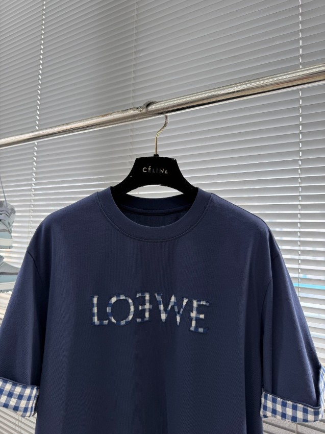 ロエベ 格安 ロゴ刺繍Tシャツ 半袖チェック袖アクセント 高再現度_6