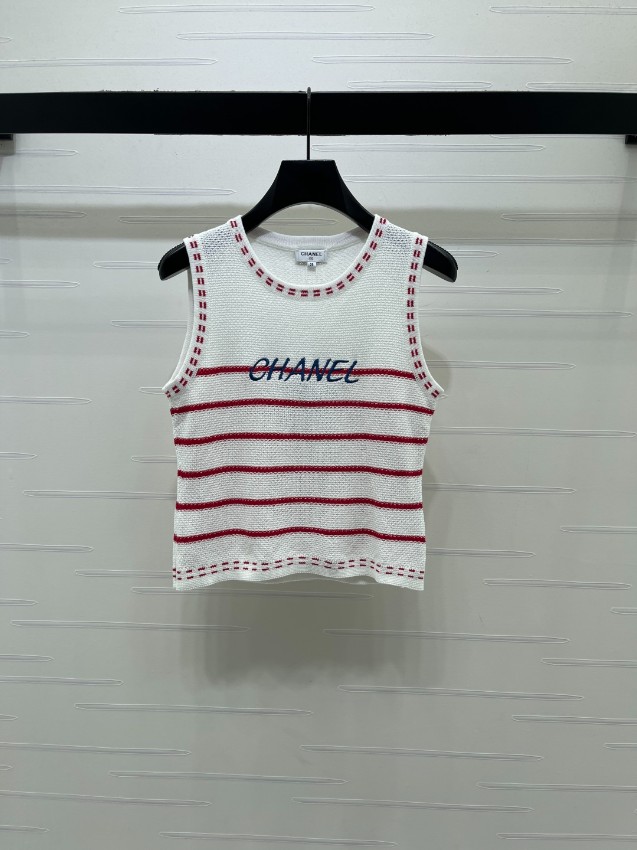 シャネル スーパーコピー ノースリーブニットトップス ロゴ刺繍ボーダーデザイン 上質感仕上げ 新作_3