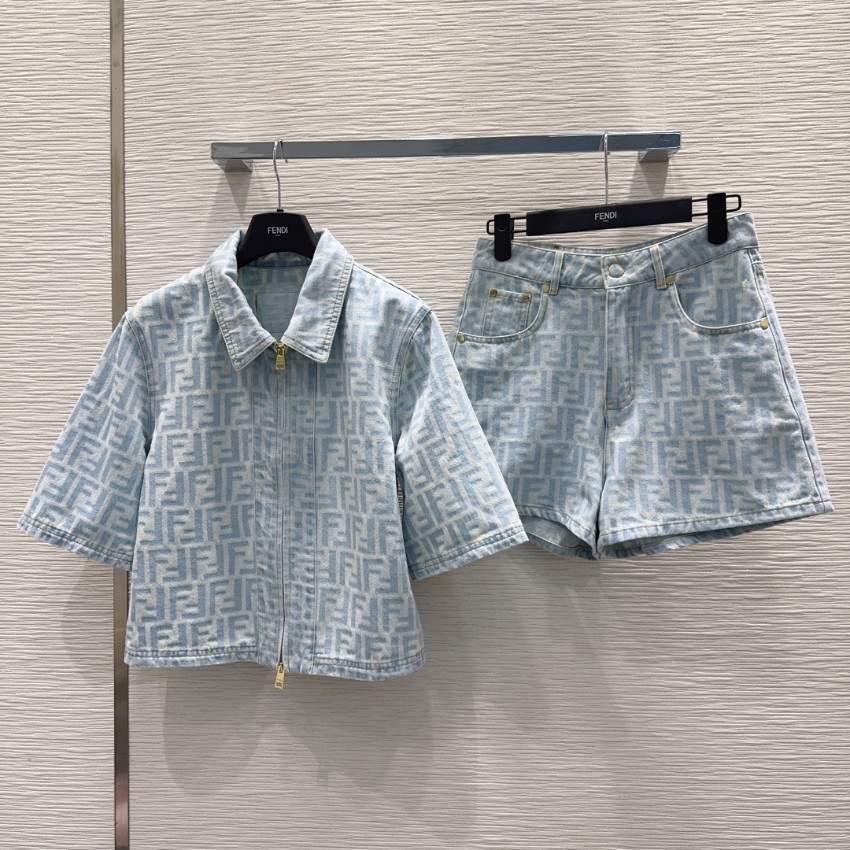 フェンディ スーパーコピー FFロゴデニムセットアップ 半袖ジャケットショートパンツ 新作_1