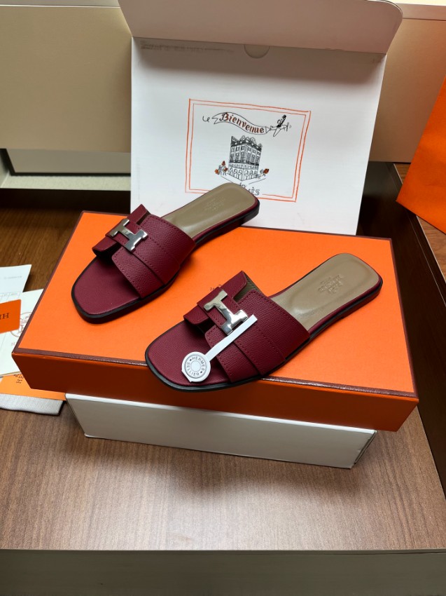 エルメス n級 Hバックルスライドサンダル レザー質感 上品ボルドー配色 口コミ多数人気モデル_1