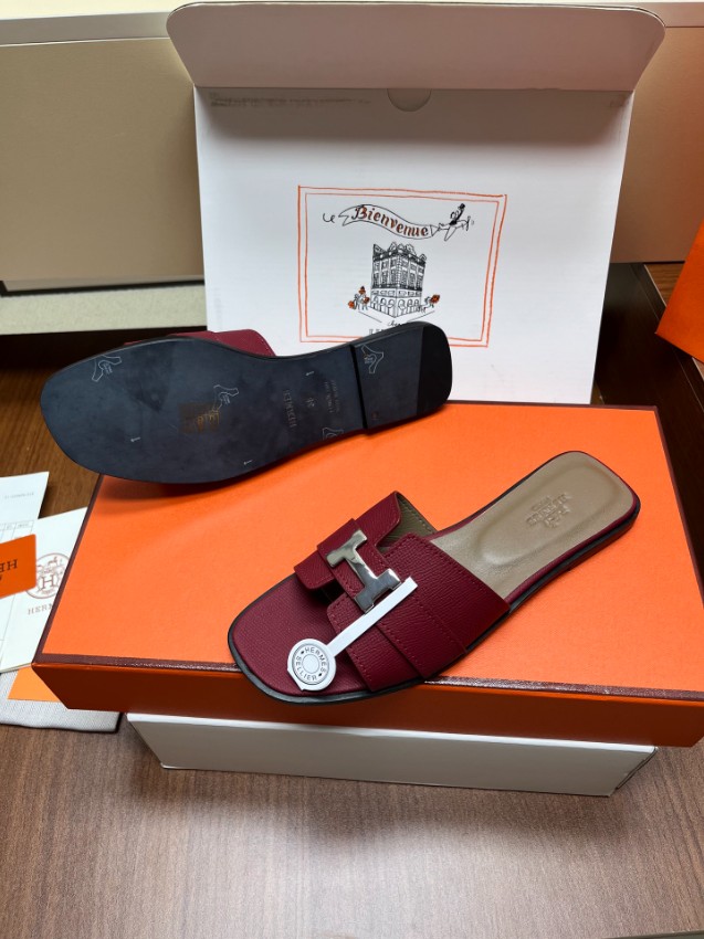 エルメス n級 Hバックルスライドサンダル レザー質感 上品ボルドー配色 口コミ多数人気モデル_5