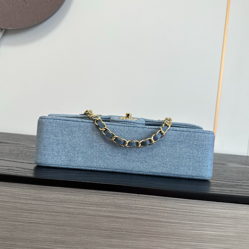 シャネル 格安 フラップバッグ ライトブルー デニム調 ビジューフラワー刺繍 チェーンショルダー 高評価_1