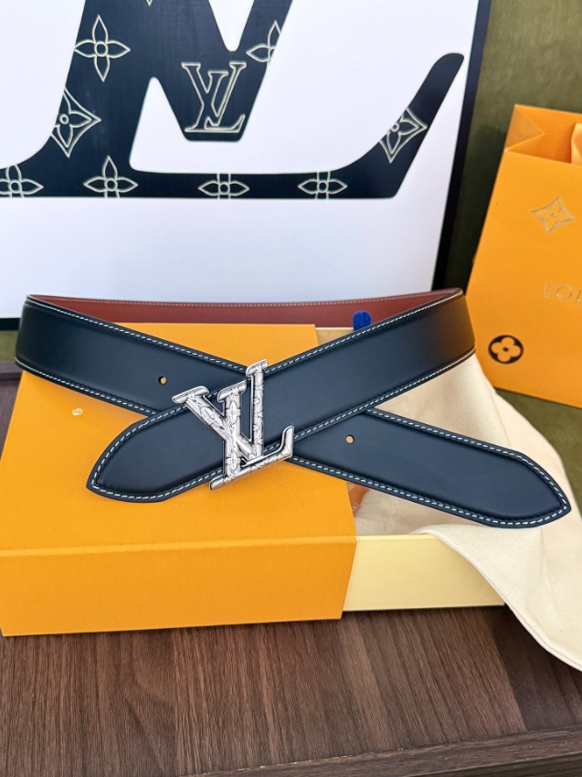 ルイ・ヴィトン n級 LVイニシャルメンズベルト ブラックレザーホワイトステッチシルバー金具 実店舗運営_3