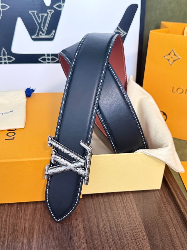 ルイ・ヴィトン n級 LVイニシャルメンズベルト ブラックレザーホワイトステッチシルバー金具 実店舗運営_6