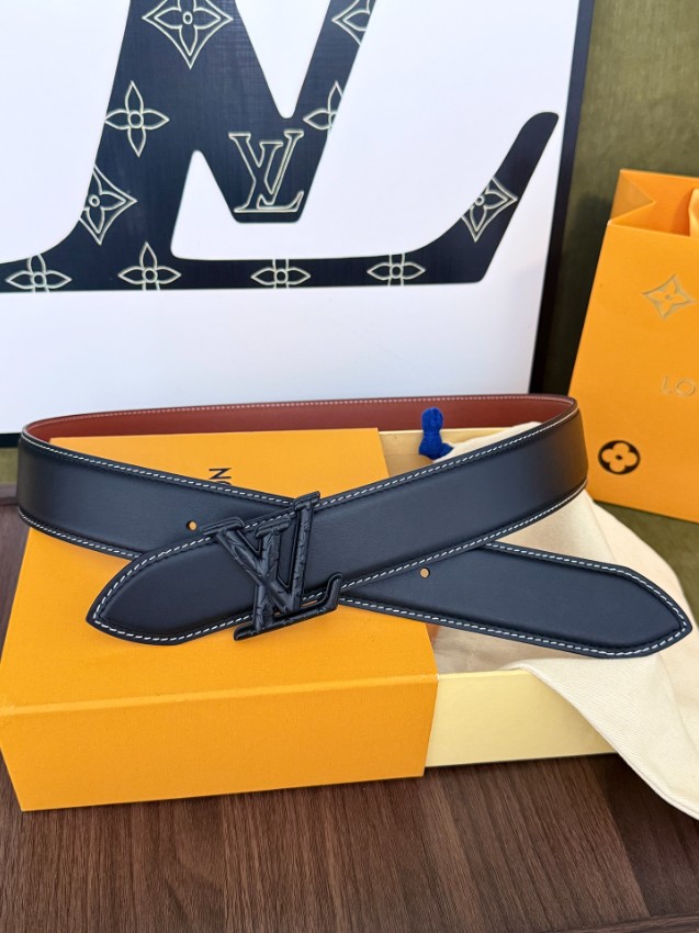 ルイ・ヴィトン ハイブランド LVイニシャルメンズベルト ブラックレザーホワイトステッチ黒金具 高品質_5