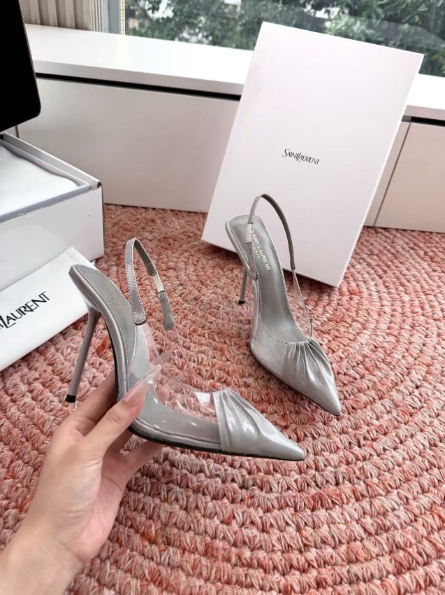 サンローラン 格安 グレー クリアパンプス ポインテッドトゥ スリングバック ピンヒール 本革使用_4