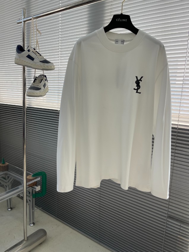 サンローラン スーパーコピー ホワイト 長袖Tシャツ ブラックロゴ クルーネック 快適な着心地 追跡可能_4