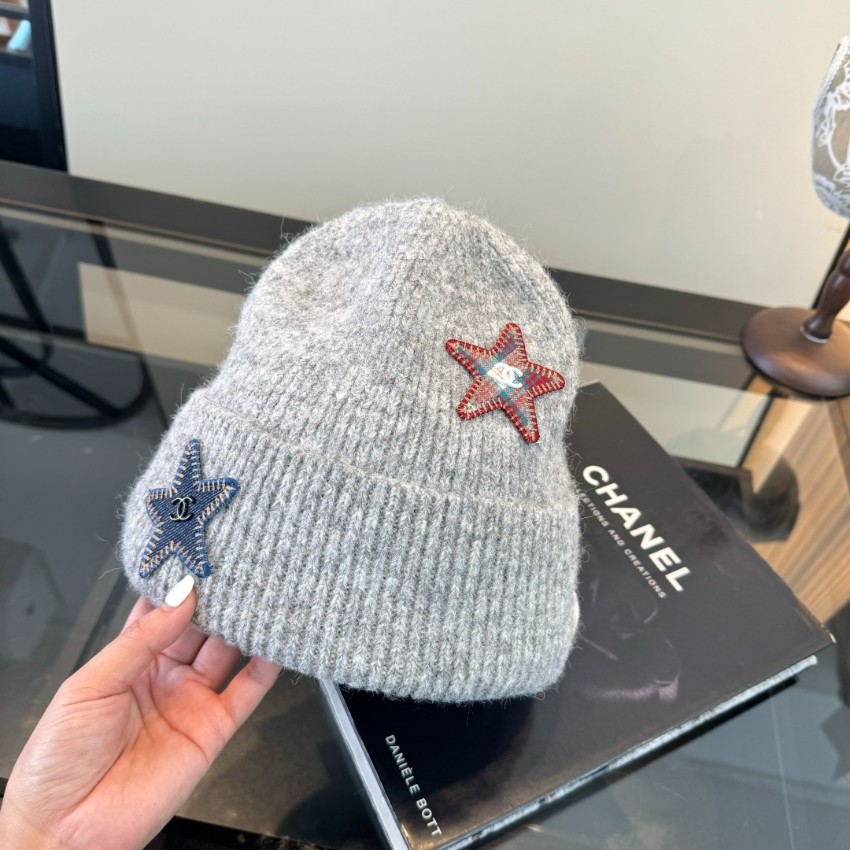シャネル n級 ニット帽 グレーカラー 星型ワッペン ココマーク刺繍 ふんわりリブ編み 折り返しデザイン 秋冬防寒 おしゃれ 激安_2