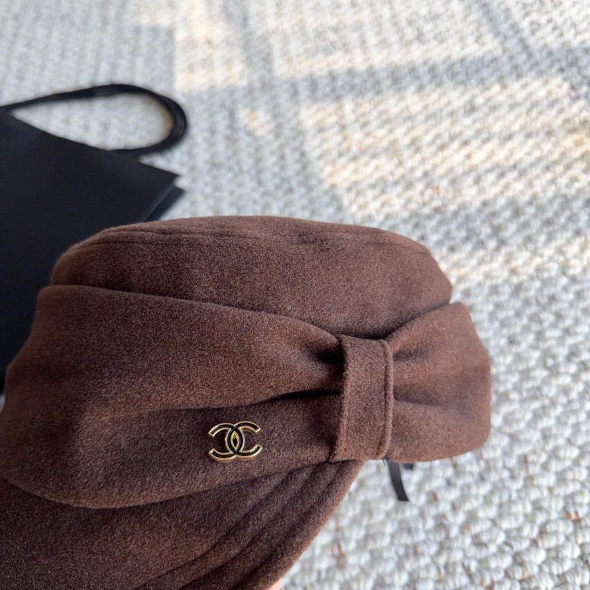 シャネル ハイブランド キャスケット ブラウン ココマーク メタルロゴ サイドリボン ウール調起毛素材 秋冬レディース 帽子 発送保証_5