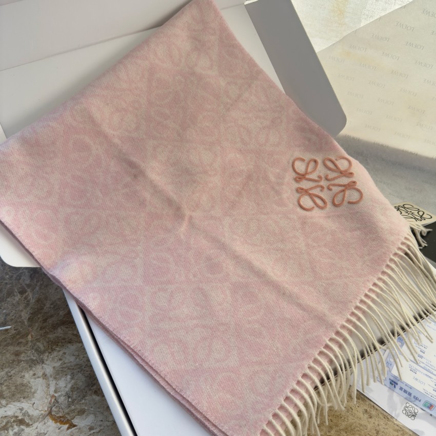 ロエベ n級 アナグラム刺繍大判マフラー ピンク ホワイト配色 淡色モノグラム柄 フリンジ付き 秋冬レディースストール 実店舗運営_6