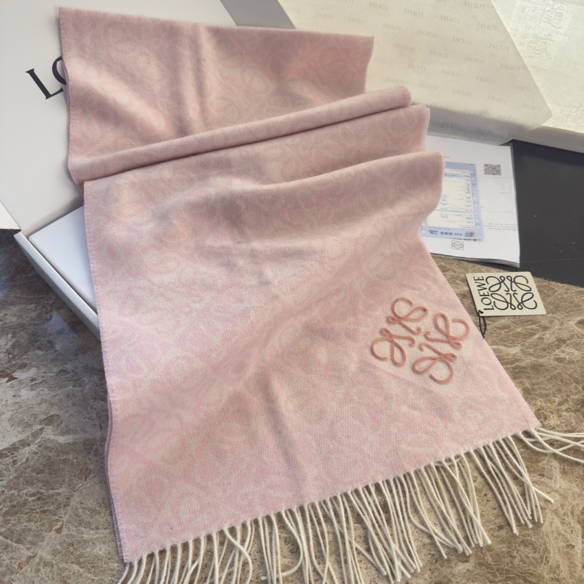 ロエベ n級 アナグラム刺繍大判マフラー ピンク ホワイト配色 淡色モノグラム柄 フリンジ付き 秋冬レディースストール 実店舗運営_8