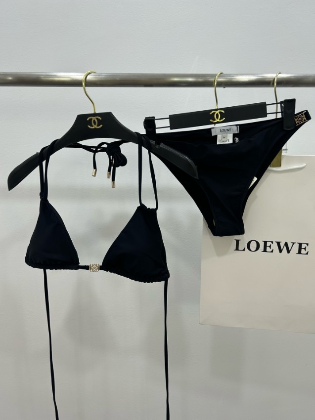 ロエベ 格安 トライアングルビキニ ブラック ゴールドアナグラム金具 ホルターネック 紐結びデザイン レディース水着 高級感仕上げ_4